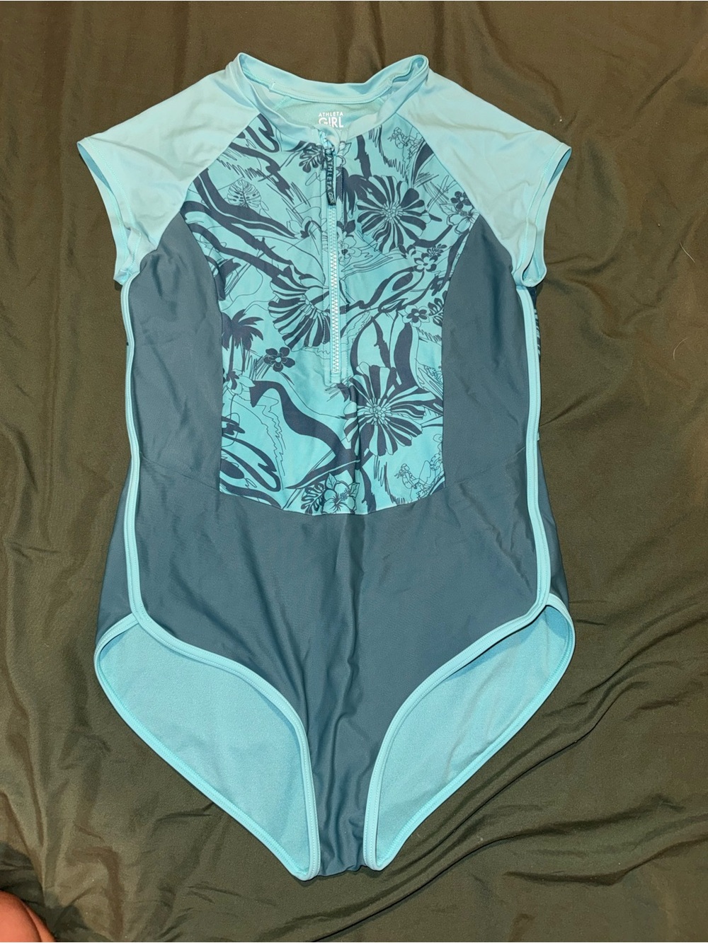 Athleta Girls Two-Tone Blue Floral Front-Zip One-Piece Swim